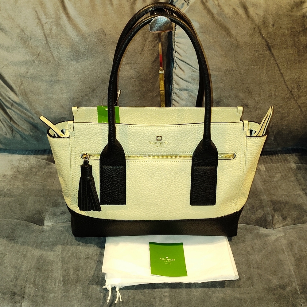 NWT KATE SPADE NEW YORK ODEN SOUTHPORT AVENUE LEATHER CREAM/BLACK TOTE & DUSTBAG